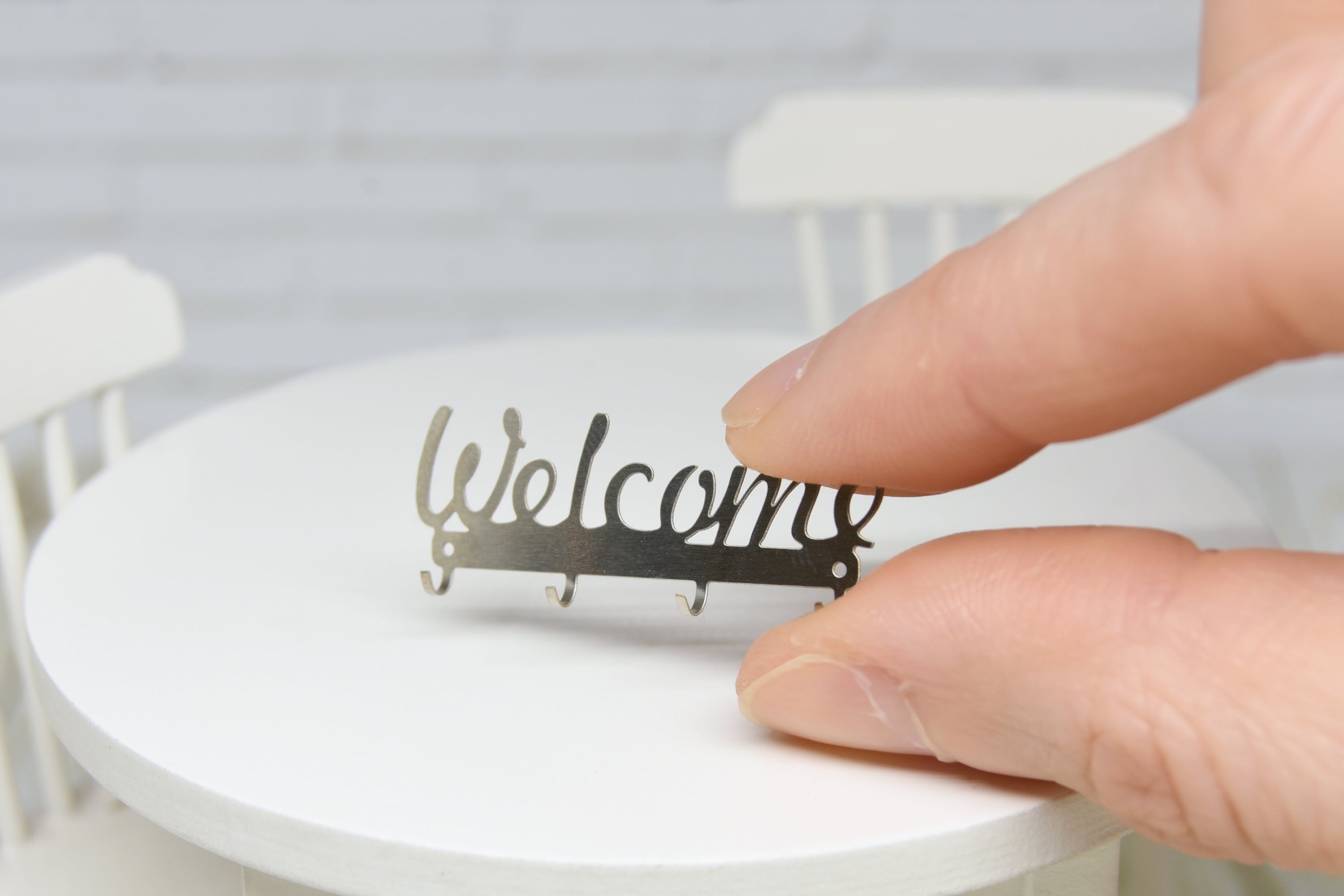 Metal "Welcome" Wall Rack (1:12 scale) stainless steel